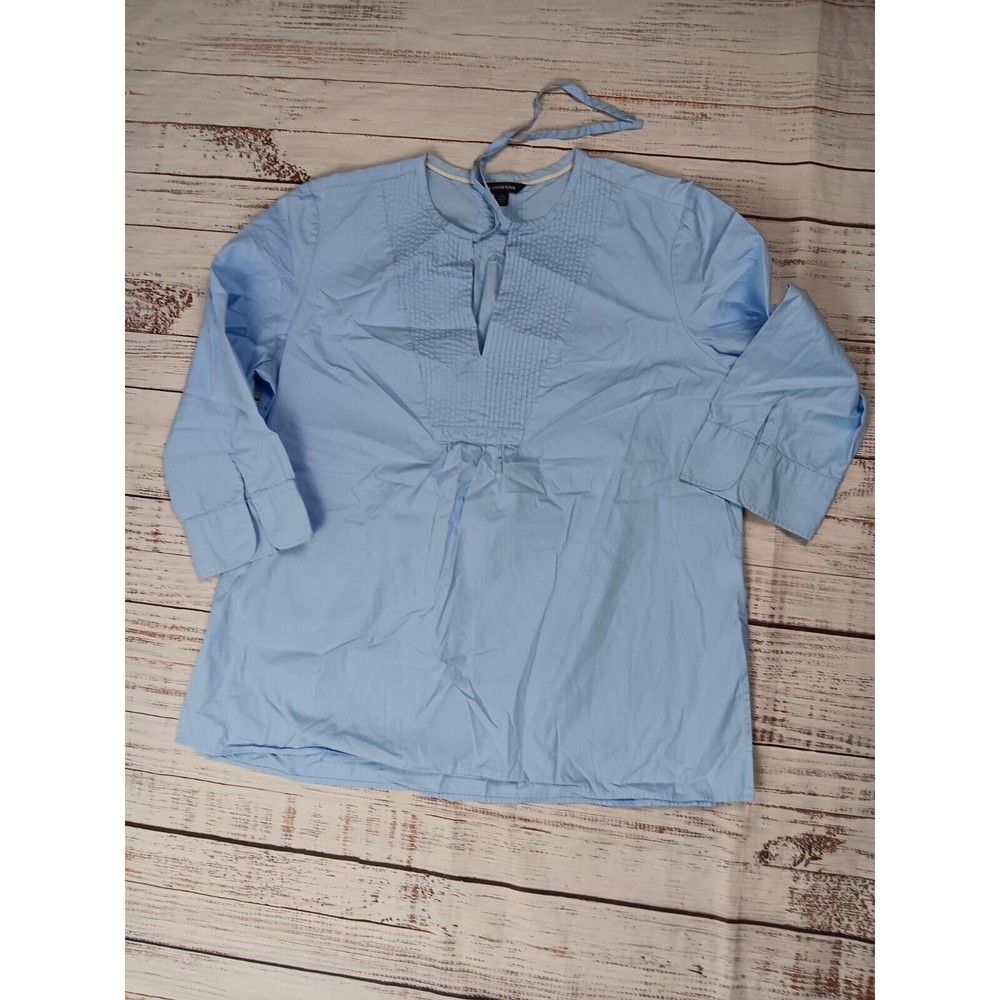 Lands End Tunic Top Women’s Large 14-16 Blue 3/4 Sleeve V-Neck Cotton